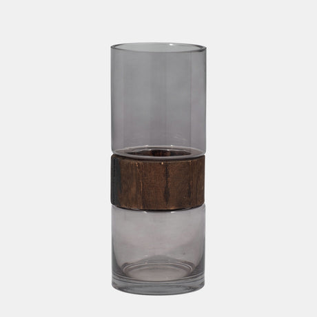 Glass, 10" Cylinder Vase W/ Wood Band, Clear from Sagebrook Home - Luna Furniture