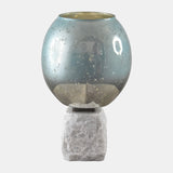 Glass, 13" Bowl Pillar Holder Marble Base, Aqua/wh from Sagebrook Home - Luna Furniture