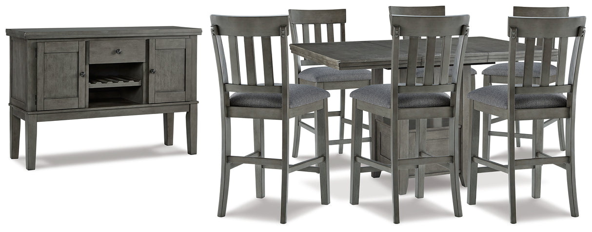 Gray Hallanden Counter Height Dining Table and 6 Barstools with Storage - PKG010491