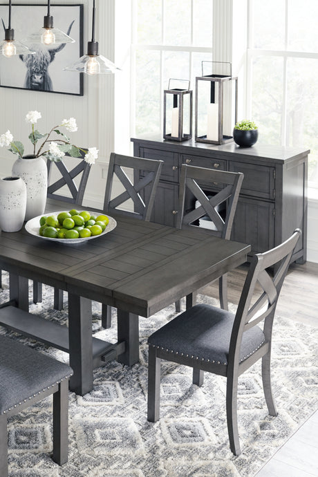 Gray Myshanna Dining Table and 6 Chairs and Bench with Storage - PKG013283