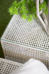 Tapestry Outdoor End Table in Taupe & White Flat Rope, Taupe Stripe, Gray Teak, Clear Glass - 6847.WTA/GT