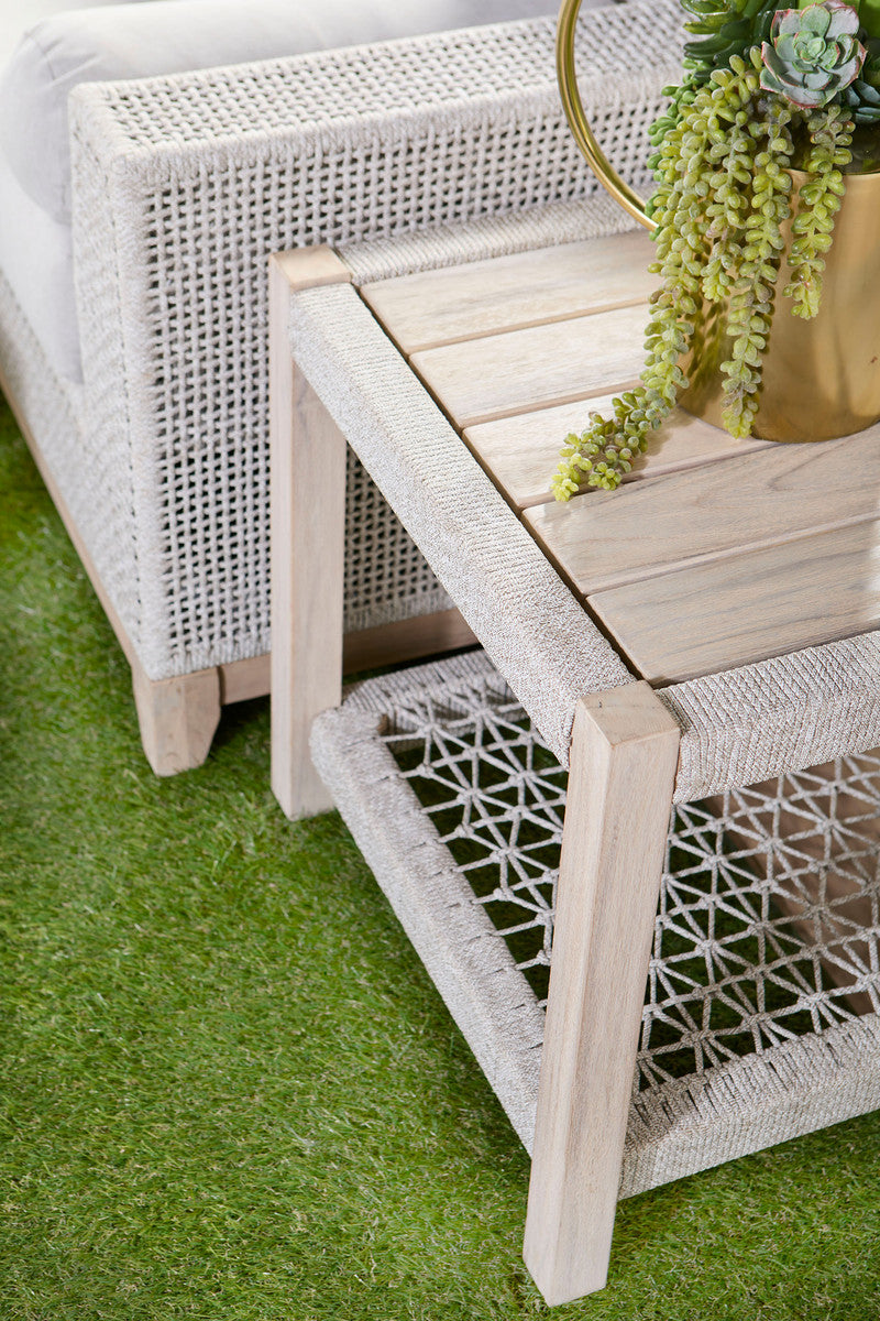 Wrap Outdoor End Table in Taupe & White Flat Rope, Gray Teak - 6872.WTA/GT