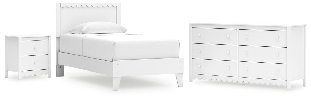 Hallityn Twin Panel Platform Bed with Dresser and Nightstand in White - PKG018837