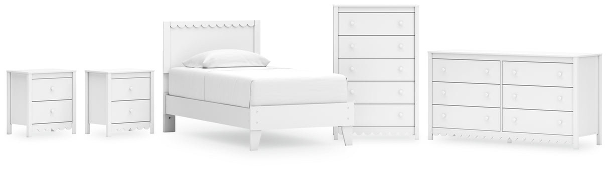 Hallityn Twin Panel Platform Bed with Dresser, Chest and 2 Nightstands in White - PKG019037