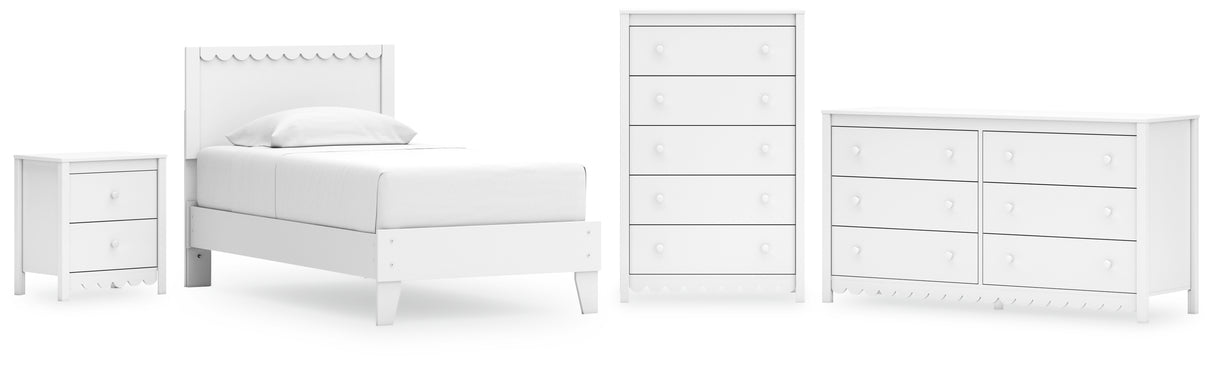 Hallityn Twin Panel Platform Bed with Dresser, Chest and Nightstand in White - PKG018839