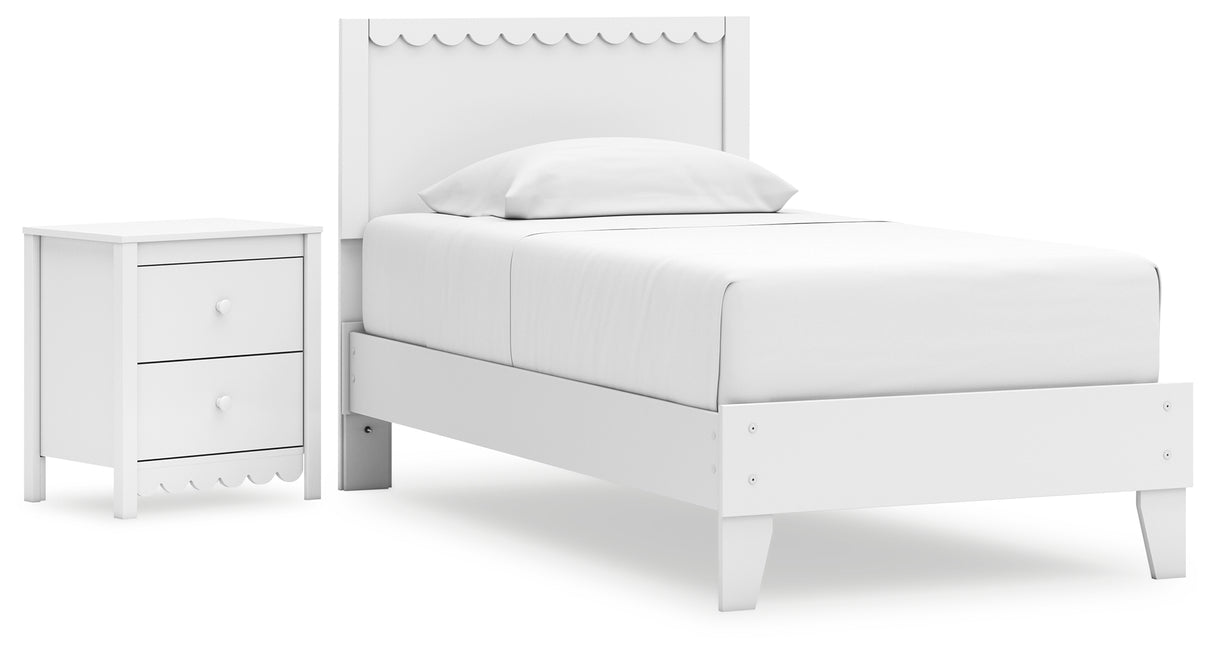 Hallityn Twin Panel Platform Bed with Nightstand in White - PKG018966