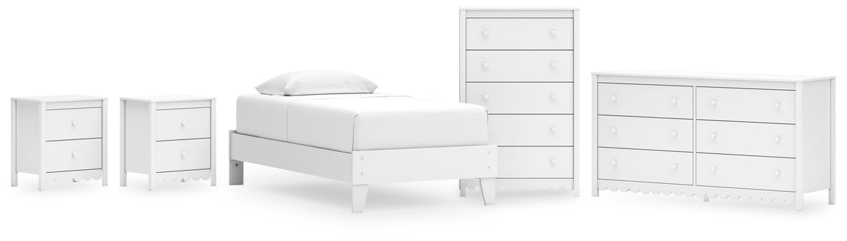 Hallityn Twin Platform Bed with Dresser, Chest and 2 Nightstands in White - PKG019022