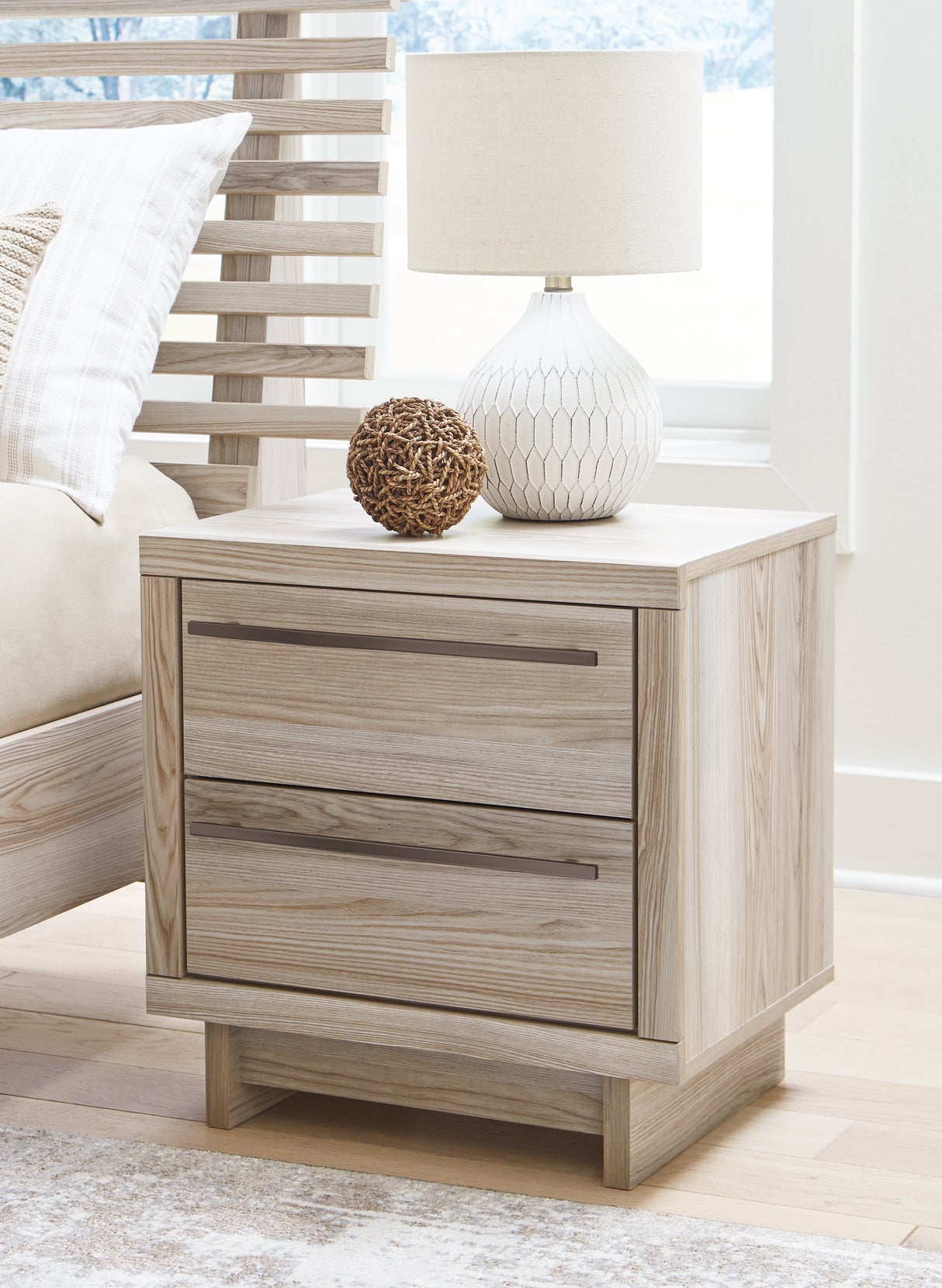 Hasbrick King Panel Headboard with Mirrored Dresser and 2 Nightstands in Tan from Ashley - Luna Furniture