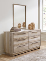 Hasbrick King Panel Headboard with Mirrored Dresser and 2 Nightstands in Tan from Ashley - Luna Furniture