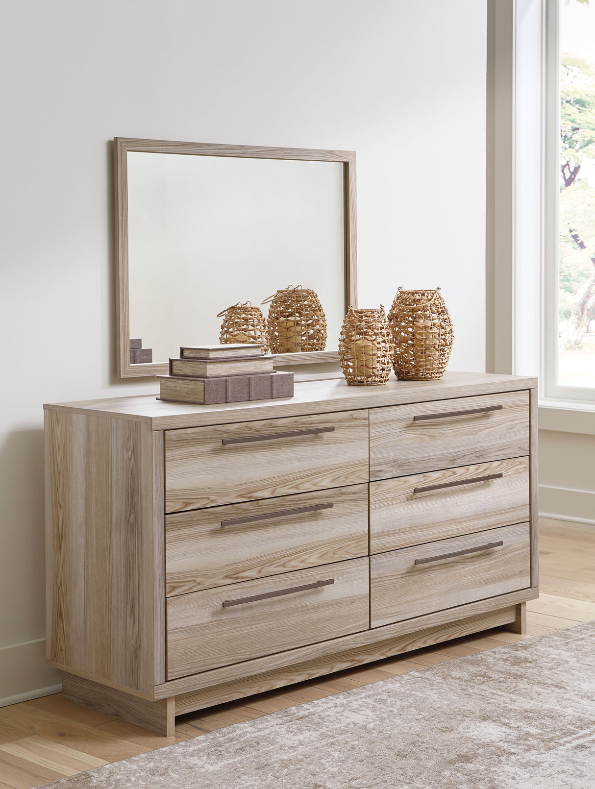 Hasbrick King Panel Headboard with Mirrored Dresser and 2 Nightstands in Tan from Ashley - Luna Furniture