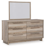 Hasbrick King Panel Headboard with Mirrored Dresser and 2 Nightstands in Tan from Ashley - Luna Furniture