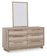 Hasbrick King Panel Headboard with Mirrored Dresser and 2 Nightstands in Tan from Ashley - Luna Furniture