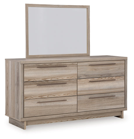 Hasbrick King Panel Headboard with Mirrored Dresser and Chest in Tan from Ashley - Luna Furniture