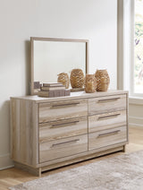 Hasbrick King Panel Headboard with Mirrored Dresser and Chest in Tan from Ashley - Luna Furniture