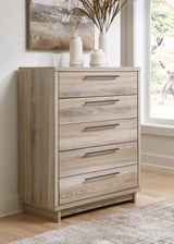 Hasbrick King Panel Headboard with Mirrored Dresser and Chest in Tan from Ashley - Luna Furniture