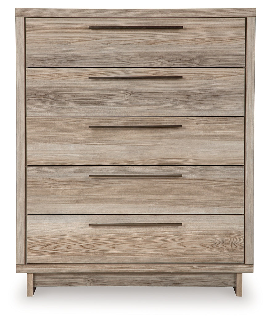 Hasbrick King Panel Headboard with Mirrored Dresser and Chest in Tan from Ashley - Luna Furniture