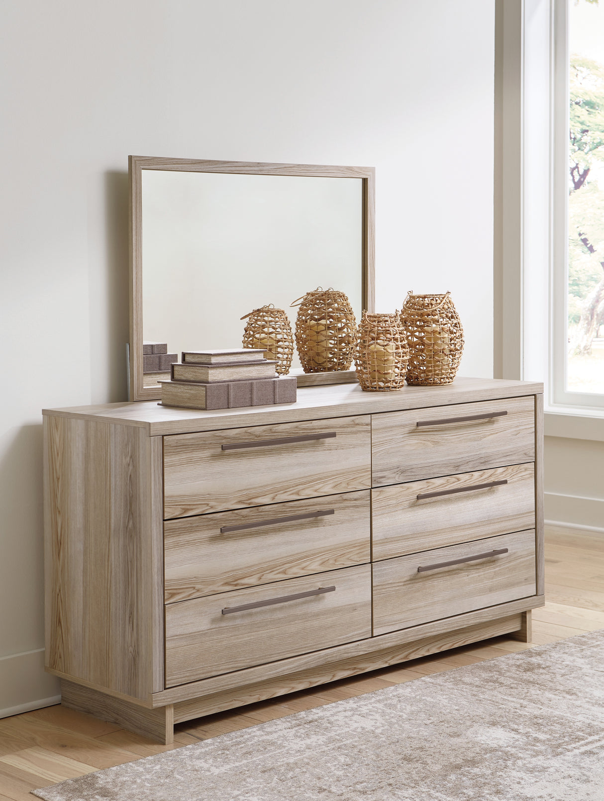 Hasbrick King Panel Headboard with Mirrored Dresser and Nightstand in Tan from Ashley - Luna Furniture