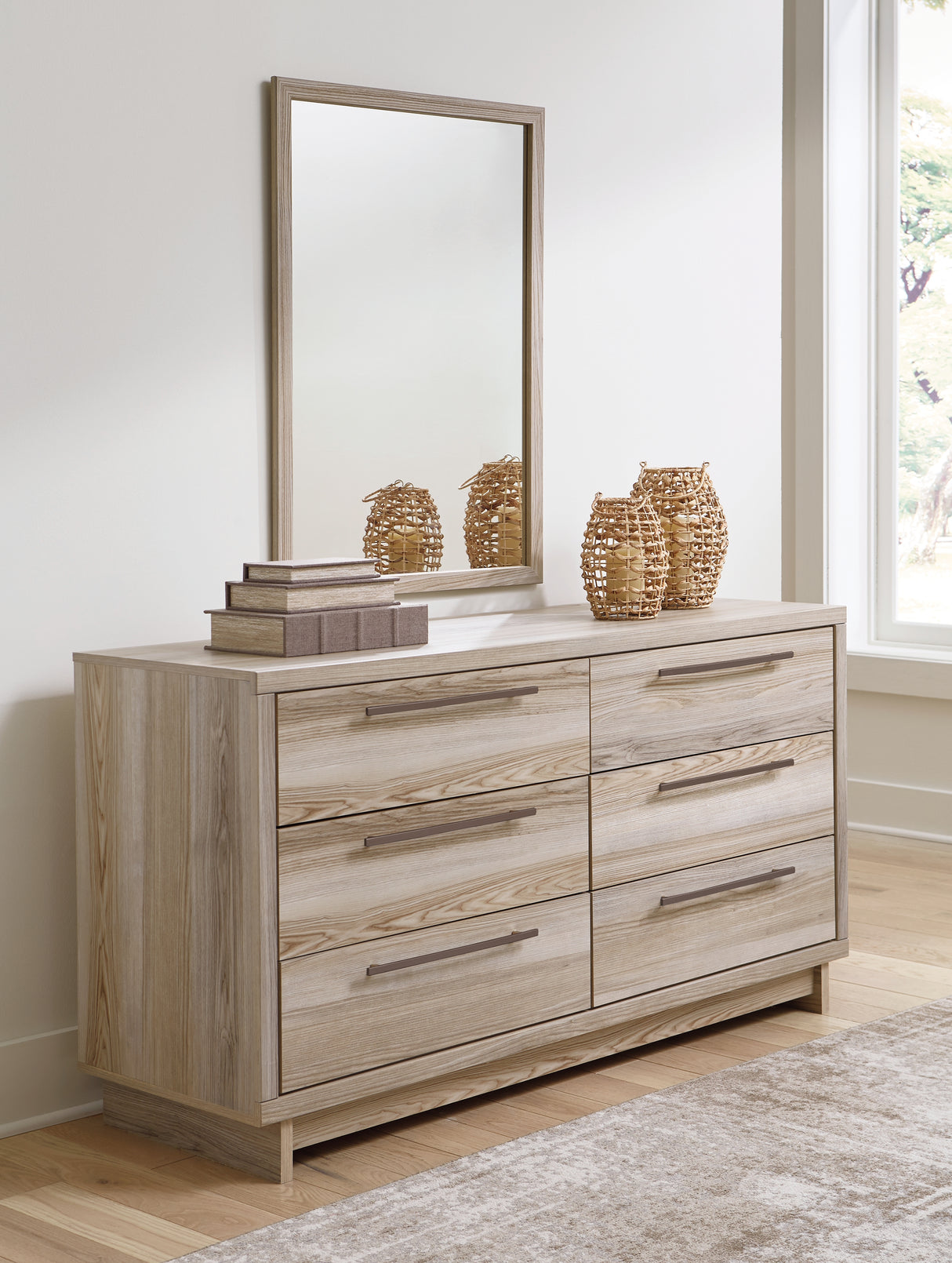 Hasbrick King Panel Headboard with Mirrored Dresser and Nightstand in Tan from Ashley - Luna Furniture