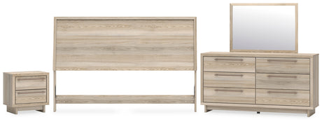 Hasbrick King Panel Headboard with Mirrored Dresser and Nightstand in Tan from Ashley - Luna Furniture