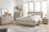 Hasbrick King Panel Headboard with Mirrored Dresser, Chest and 2 Nightstands in Tan from Ashley - Luna Furniture