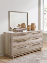 Hasbrick King Panel Headboard with Mirrored Dresser, Chest and 2 Nightstands in Tan from Ashley - Luna Furniture