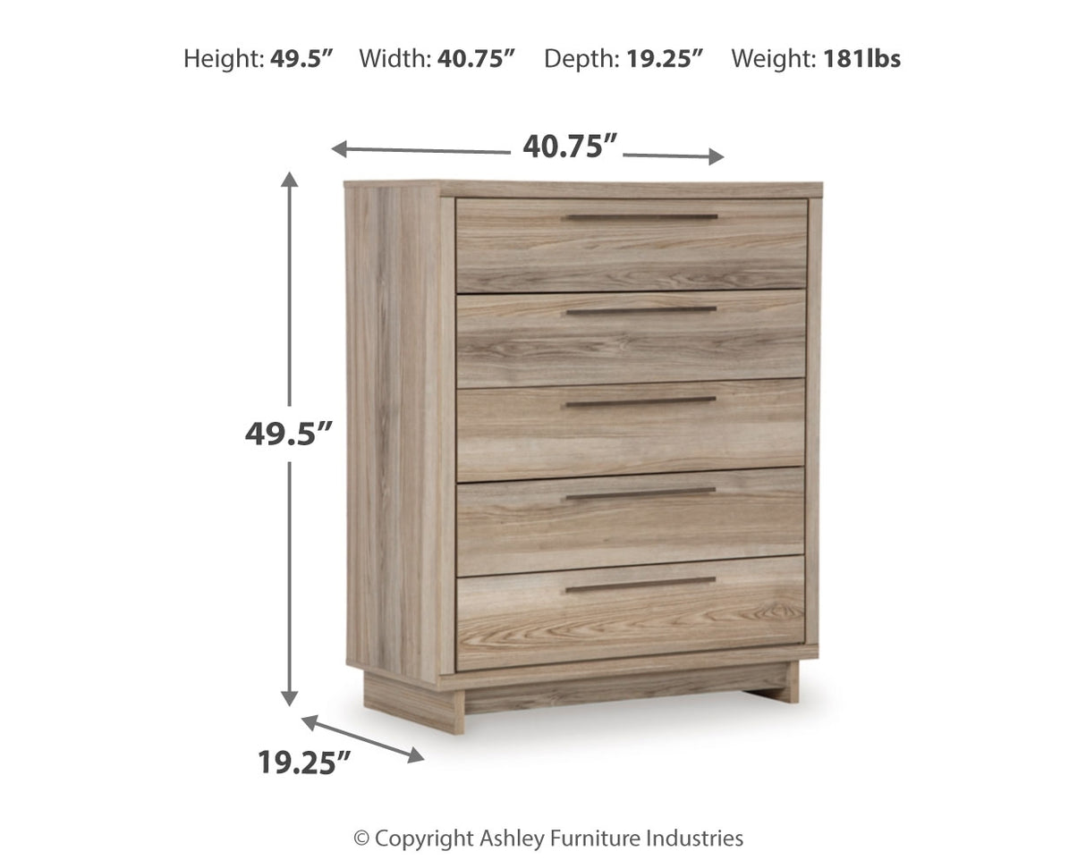 Hasbrick King Panel Headboard with Mirrored Dresser, Chest and Nightstand in Tan from Ashley - Luna Furniture