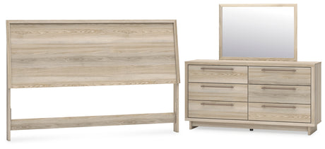 Hasbrick King Panel Headboard with Mirrored Dresser in Tan from Ashley - Luna Furniture