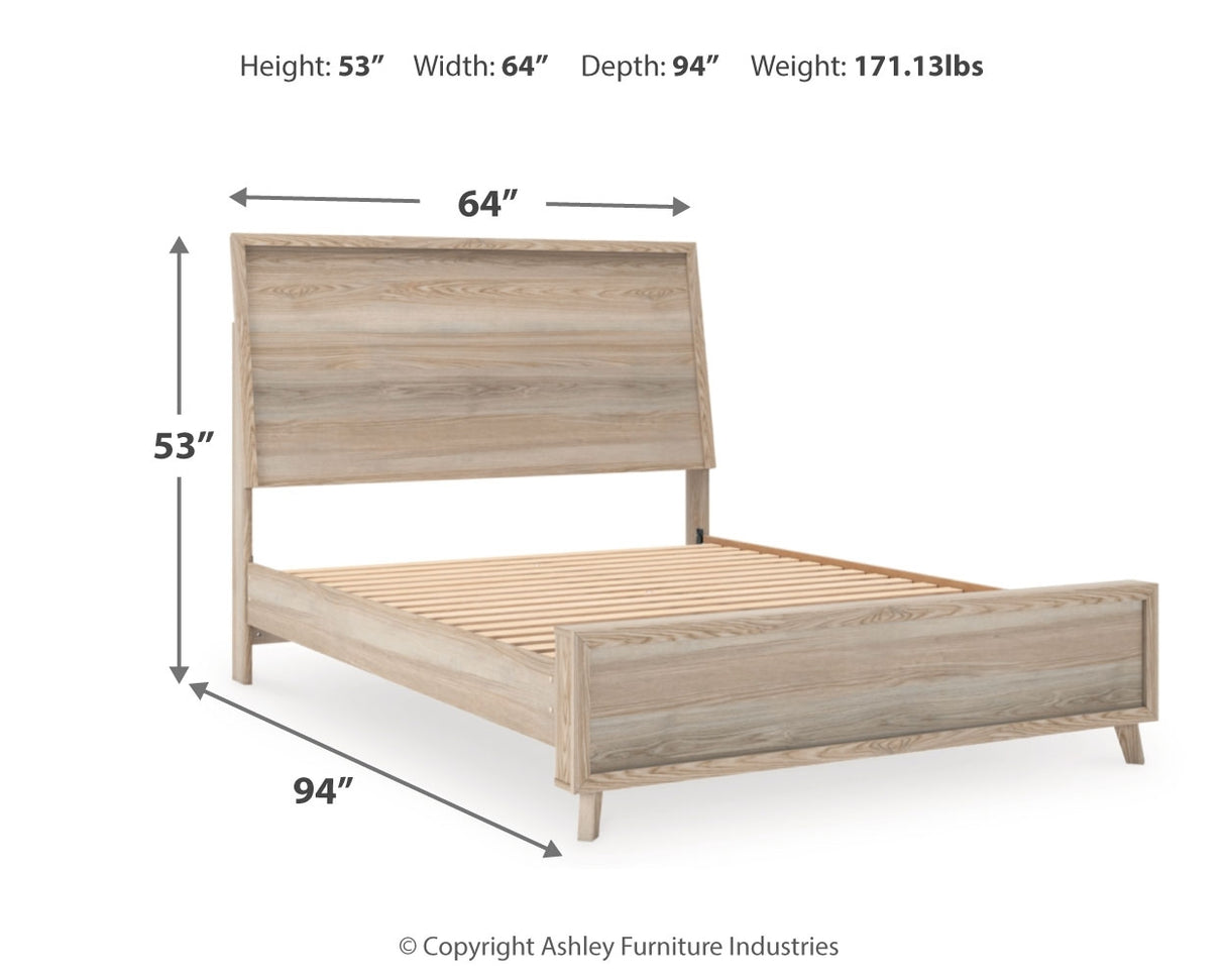 Hasbrick Queen Panel Bed with Mirrored Dresser and 2 Nightstands in Tan from Ashley - Luna Furniture