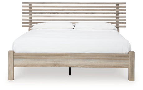 Hasbrick Queen Panel Bed with Mirrored Dresser and 2 Nightstands in Tan from Ashley - Luna Furniture