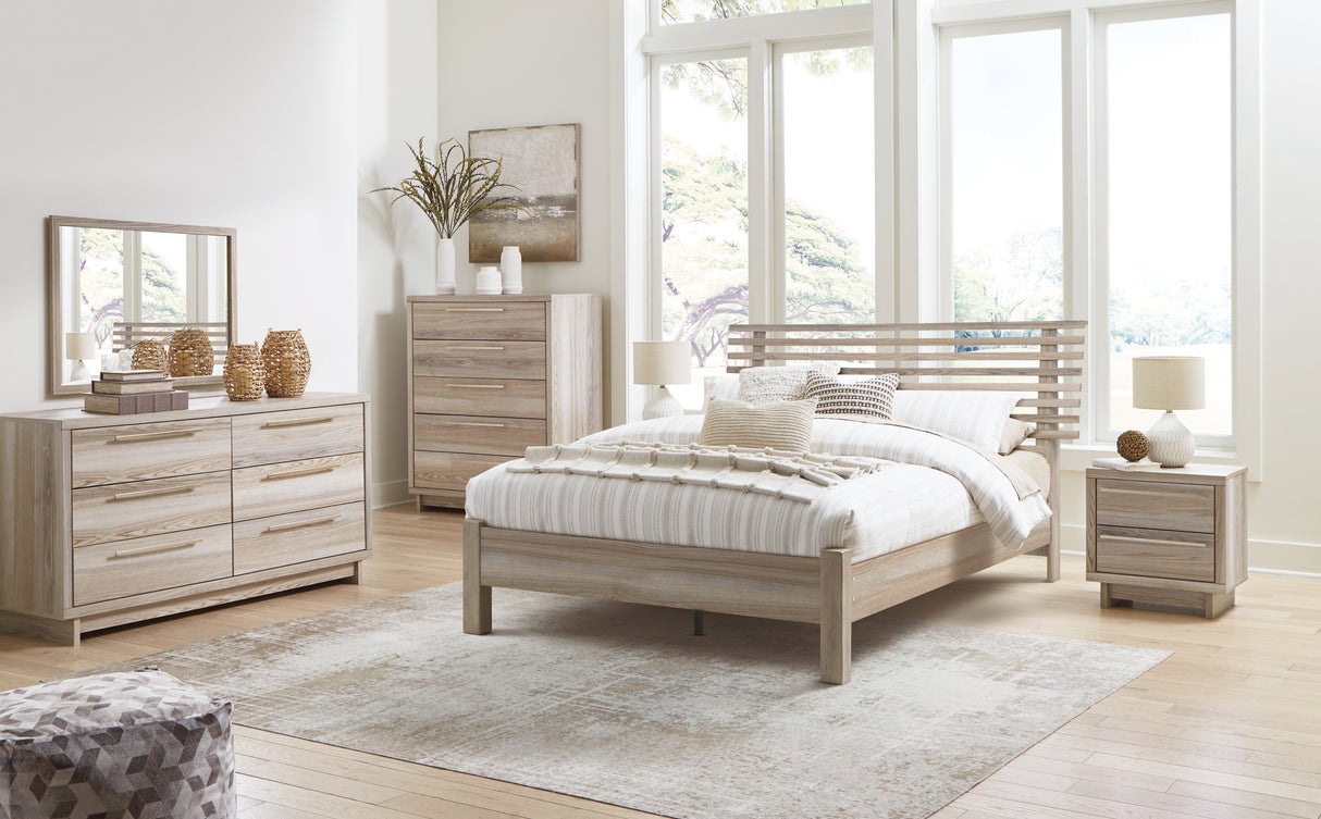 Hasbrick Queen Panel Bed with Mirrored Dresser and 2 Nightstands in Tan from Ashley - Luna Furniture