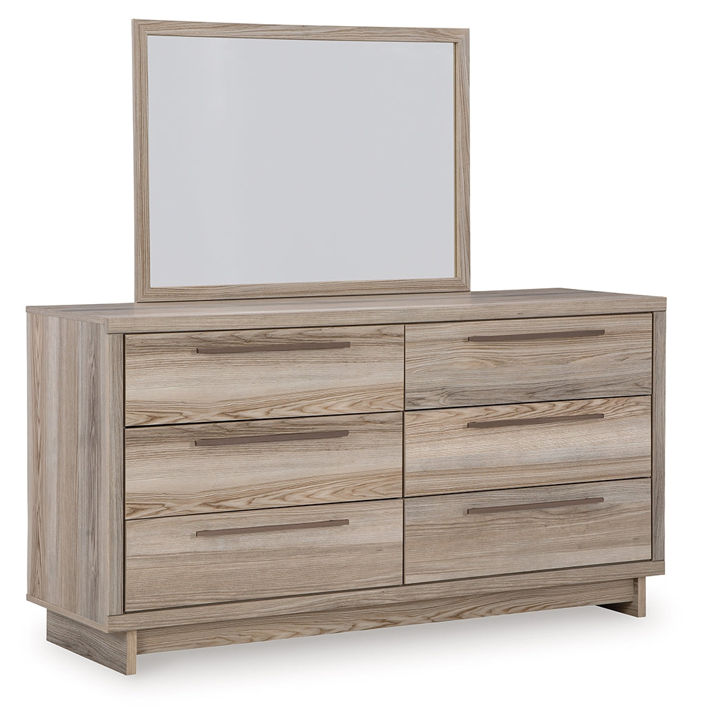 Hasbrick Queen Panel Bed with Mirrored Dresser and 2 Nightstands in Tan from Ashley - Luna Furniture