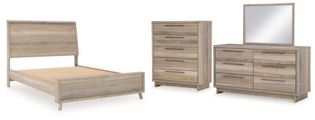 Hasbrick Queen Panel Bed with Mirrored Dresser and Chest in Tan from Ashley - Luna Furniture