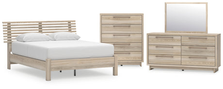 Hasbrick Queen Panel Bed with Mirrored Dresser and Chest in Tan from Ashley - Luna Furniture