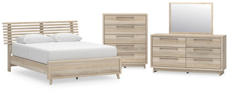 Hasbrick Queen Panel Bed with Mirrored Dresser and Chest in Tan from Ashley - Luna Furniture