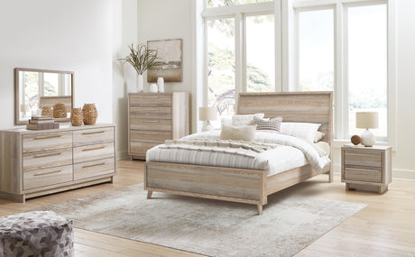 Hasbrick Queen Panel Bed with Mirrored Dresser, Chest and 2 Nightstands in Tan - PKG015927