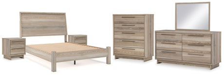 Hasbrick Queen Panel Bed with Mirrored Dresser, Chest and 2 Nightstands in Tan from Ashley - Luna Furniture