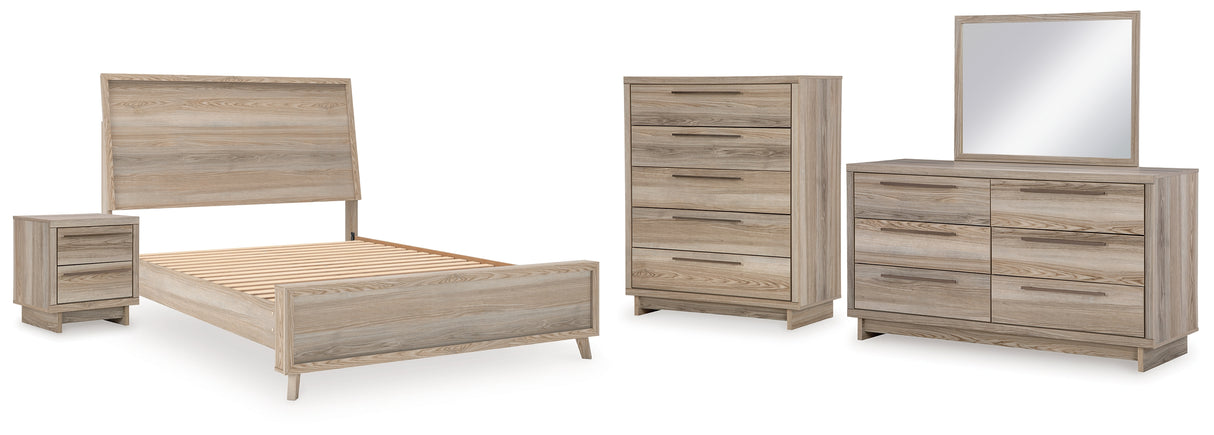 Hasbrick Queen Panel Bed with Mirrored Dresser, Chest and Nightstand in Tan from Ashley - Luna Furniture