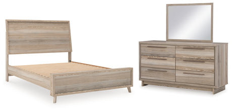 Hasbrick Queen Panel Bed with Mirrored Dresser in Tan from Ashley - Luna Furniture