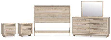 Hasbrick Queen Panel Headboard with Mirrored Dresser and 2 Nightstands in Tan from Ashley - Luna Furniture