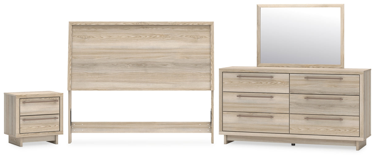 Hasbrick Queen Panel Headboard with Mirrored Dresser and Nightstand in Tan from Ashley - Luna Furniture