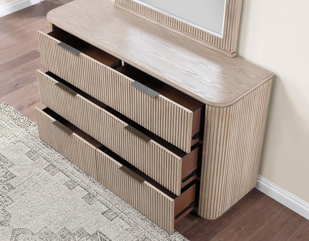 Henry 65″ 6-Drawer Reeded Dresser and Mirror, Tan Finish from Steve Silver - Luna Furniture