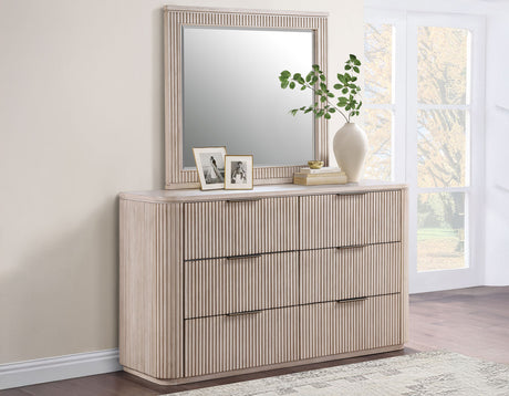 Henry 65″ 6-Drawer Reeded Dresser and Mirror, Tan Finish from Steve Silver - Luna Furniture