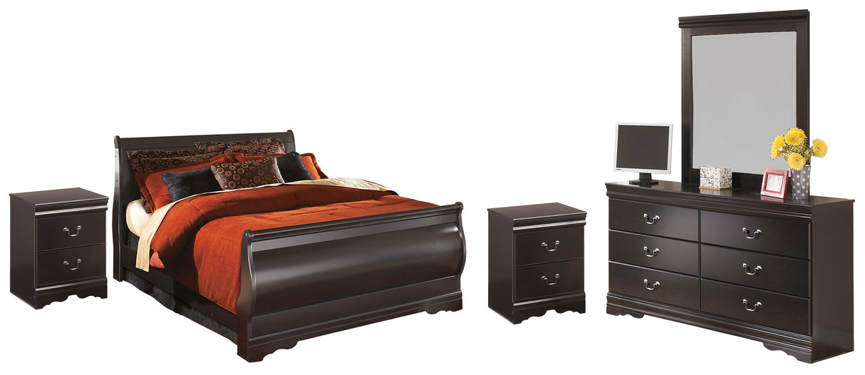 Huey Vineyard Full Sleigh Bed with Mirrored Dresser and 2 Nightstands in Black - PKG000005