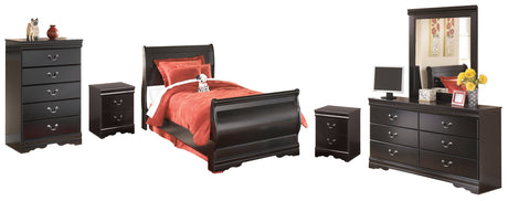 Huey Vineyard Full Sleigh Bed with Mirrored Dresser, Chest and 2 Nightstands in Black from Ashley - Luna Furniture