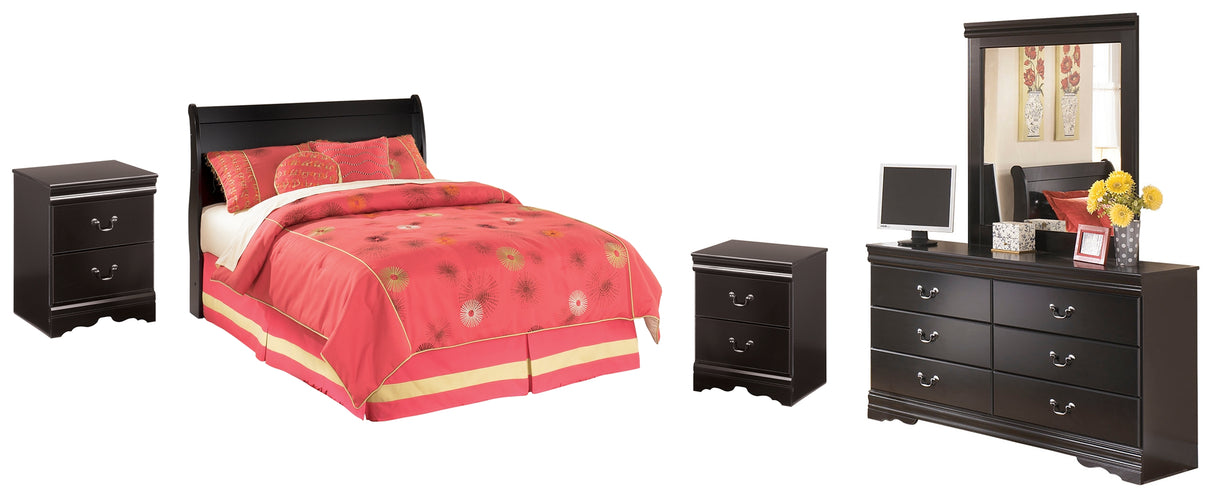 Huey Vineyard Full Sleigh Headboard Bed with Mirrored Dresser and 2 Nightstands in Black from Ashley - Luna Furniture