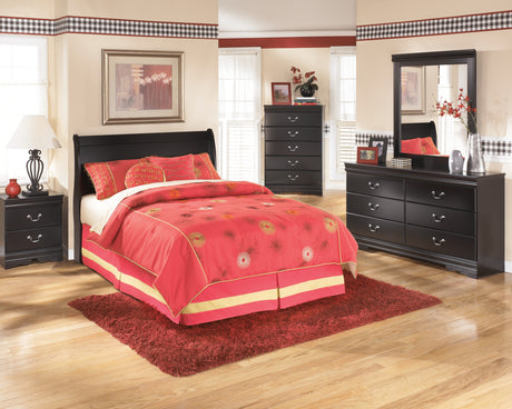 Huey Vineyard Full Sleigh Headboard Bed with Mirrored Dresser, Chest and 2 Nightstands in Black from Ashley - Luna Furniture