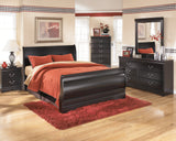 Huey Vineyard Queen Sleigh Bed with Mirrored Dresser, Chest and 2 Nightstands in Black from Ashley - Luna Furniture