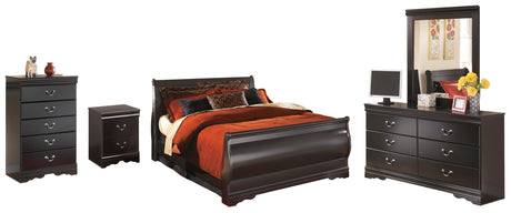 Huey Vineyard Queen Sleigh Bed with Mirrored Dresser, Chest and Nightstand in Black from Ashley - Luna Furniture