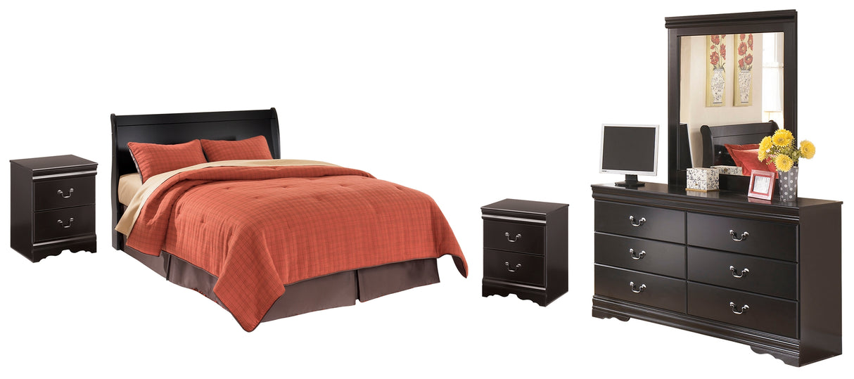 Huey Vineyard Queen Sleigh Headboard Bed with Mirrored Dresser and 2 Nightstands in Black from Ashley - Luna Furniture