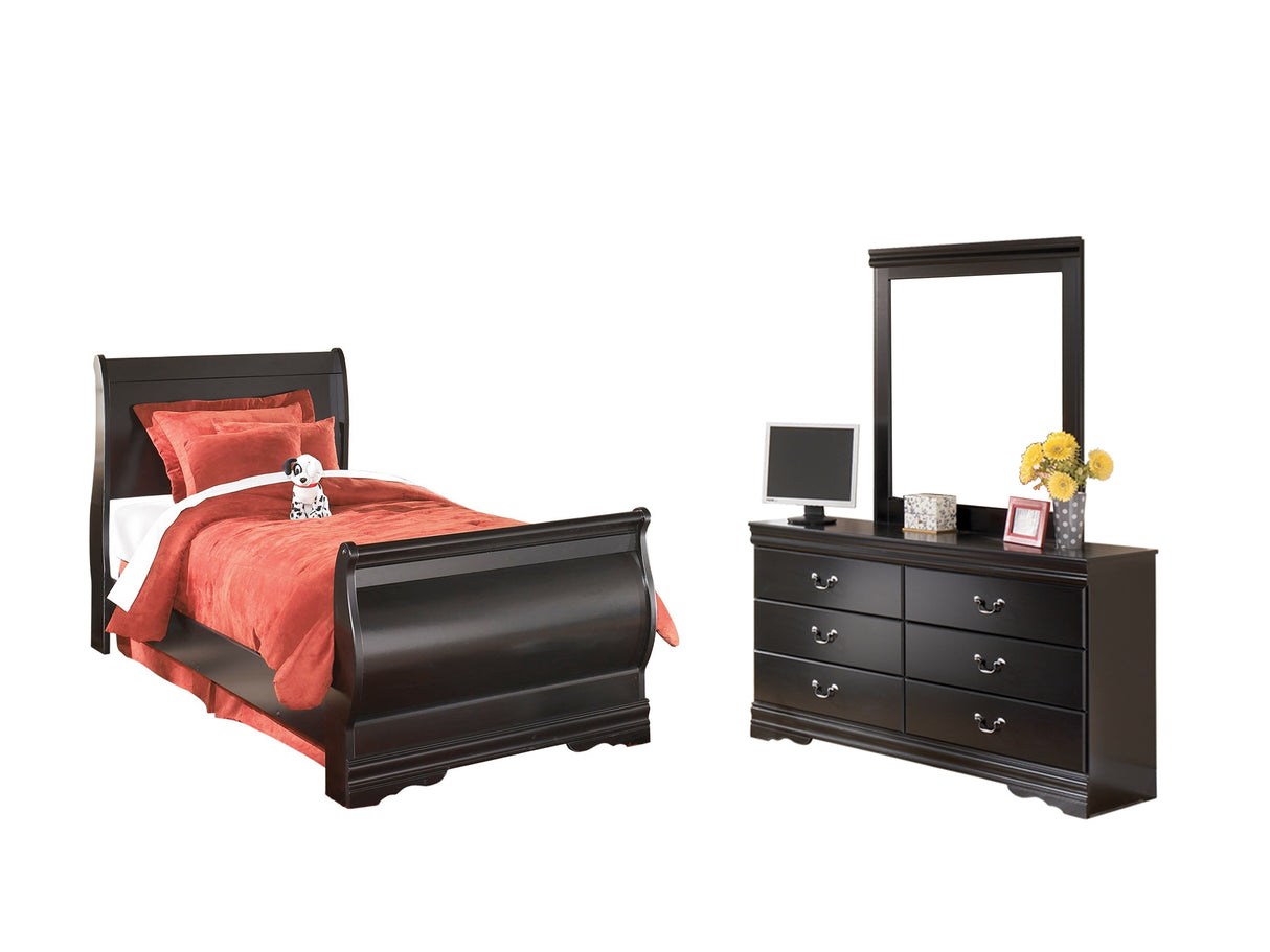 Huey Vineyard Twin Sleigh Bed with Mirrored Dresser and 2 Nightstands in Black - PKG000007